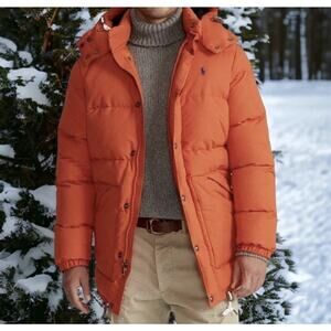 Polo Ralph Lauren Down Parka Coat Mens XL Orange Full Zip/Snap Removable Hood